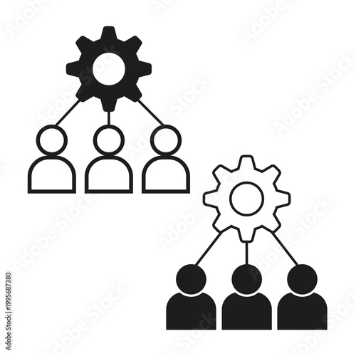 A minimalist Vector icon set featuring a cogwheel connected to a group of person figures, symbolizing teamwork, management, and settings.