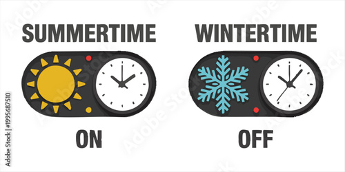 Daylight saving time switch illustration showing summertime and wintertime clock adjustments status