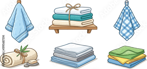 Set of cozy cartoon bath towels with folded stacks hanging cloths and spa elements like stones and soap for bathroom wellness design
