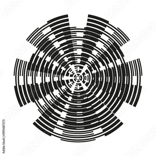 A dynamic monochromatic abstract Vector illustration presenting a complex radial composition of varied lines and broken segments, forming a futuristic pattern.