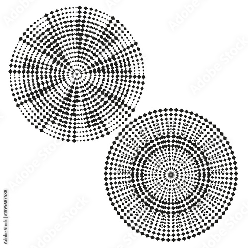 A captivating Vector collection of abstract optical art patterns, showcasing black geometric diamond shapes spiraling against a pristine white background.