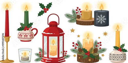 Set of cozy Christmas candles and red lantern with winter greenery holly berries and pine cones for seasonal holiday decoration elements