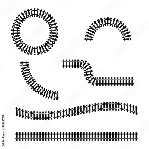 A collection of black railway track segments and a circular design is presented as a minimalist Vector graphic element for transportation themes.