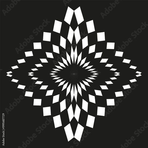A dynamic black and white Vector illustration featuring an optical art pattern of rhomboid shapes radiating outwards, creating a hypnotic visual effect.