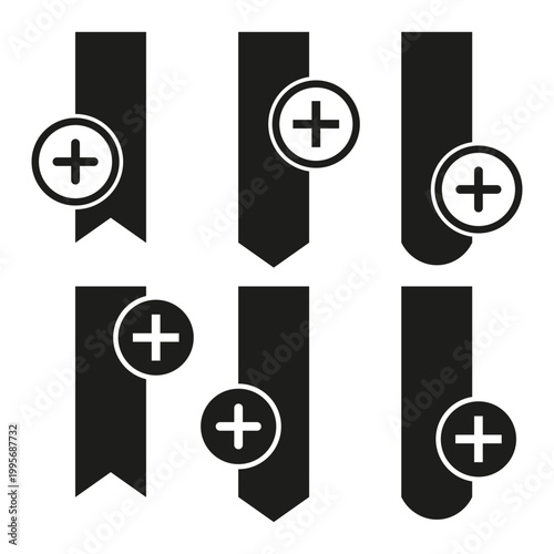 A modern Vector collection of bookmark icons with an add symbol, representing the action of saving favorite content and marking pages.