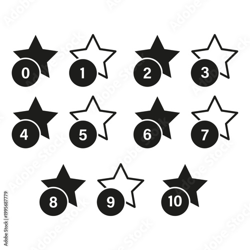 A modern Vector set of rating stars from 0 to 10 for user feedback and review systems, featuring filled and outline star icons.