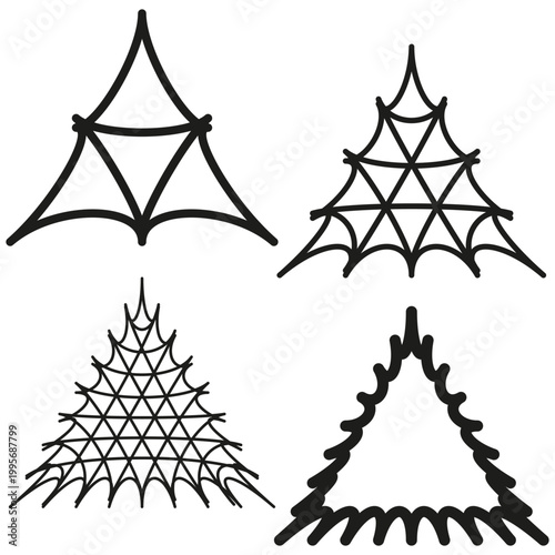 A Vector set of abstract triangular line art designs resembling stylized spider webs or decorative modern tree outlines.