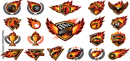 Set of fire racing logo emblems with flaming horse tiger eagle sports car trophy and wings for automotive club tournament brand design