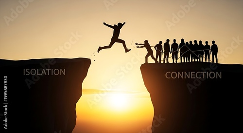 Silhouette of Person Jumping Across Cliff Gap From Isolation to Social Connection at Sunset