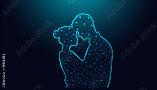 Low poly wireframe couple silhouette on dark blue background.