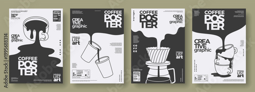 Coffee concept design. Outline posters set of cups, paper cups, pour over. Abstract templates with spilling, flowing coffee. Black and white linear simple illustrations for wall art, cafe, coffeeshop