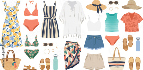 Women summer fashion vacation collection with floral dresses swimwear straw hats sandals and beach accessories for holiday wardrobe travel planning design