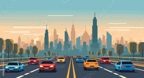 City Highway Traffic Towards Downtown Skyline at Sunset