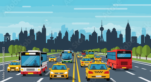 City Traffic Scene with Buses and Taxis on Highway