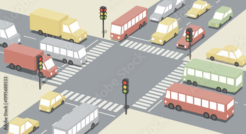 Isometric City Intersection with Traffic and Vehicles