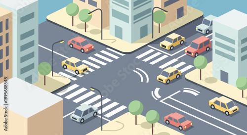 Isometric City Intersection with Autonomous Vehicles