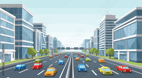 Modern City Street with Heavy Traffic and Skyscrapers