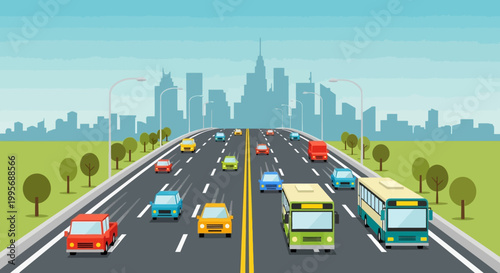 City Highway Traffic with Cars and Buses Vector Illustration