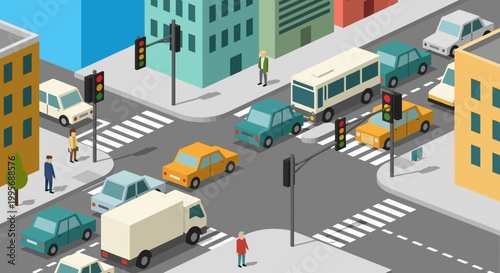 Isometric City Intersection with Traffic and Pedestrians