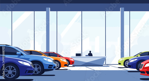 Modern Car Dealership Showroom Interior with Colorful Vehicles