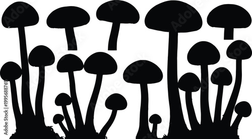 Collection of black mushroom silhouettes on a white background, various sizes