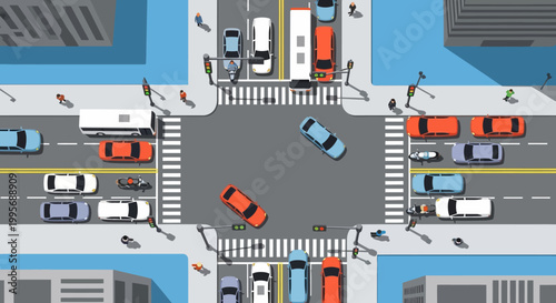 Aerial View of Busy Urban Intersection with Traffic and Pedestrians