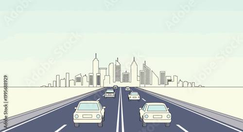 Minimalist Cityscape with Cars Driving on Highway