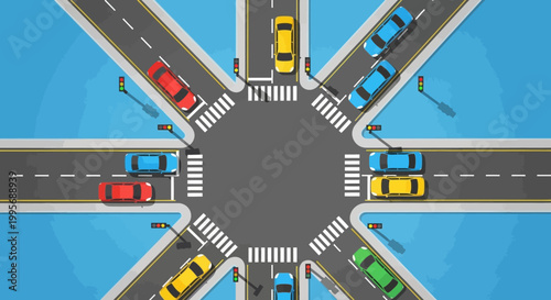 Top View of Complex Multi-Lane Intersection with Colorful Cars
