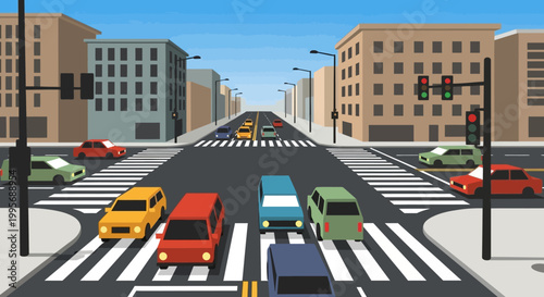 Busy City Intersection with Cars and Traffic Lights