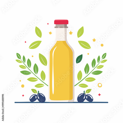 Bottle of Yellow Liquid with Olives and Leaves