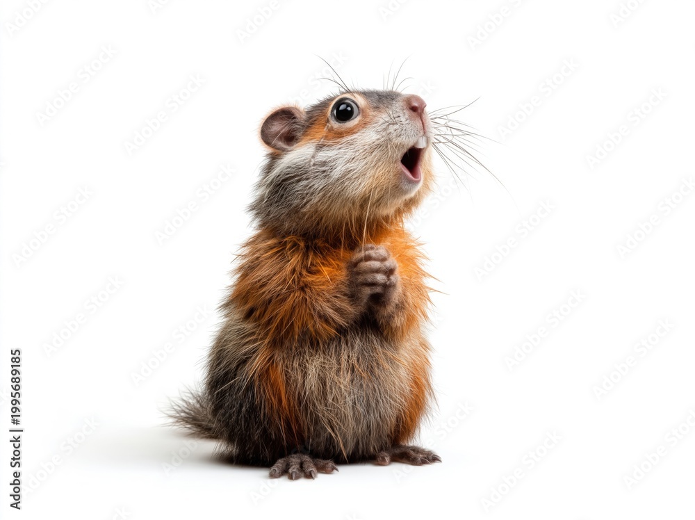 Fototapeta premium Cute groundhog with open mouth looking up on white background