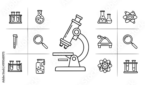 Microscope icon set vector with modern line scientific tools and laboratory symbols isolated on white background