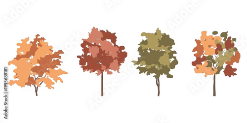 Set of four colorful autumn trees with different leaf shapes and seasonal fall colors