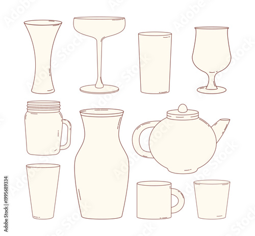 Glassware Line Art Collection with Empty Teapot Pitcher, Mason Jar, Kettle, Mug and Cocktail Glasses. Isolated Outline Hand Drawings. Vector Illustration