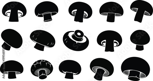 Collection of black silhouette champignon mushroom in various poses white