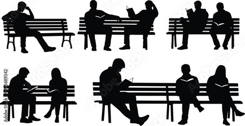 Set of Black Silhouette Vector Illustrations Featuring People Sitting on Park Benches Reading Books and Relaxing in Public Spaces