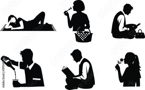 Set of Black Silhouette Illustrations Featuring People Engaging in Leisure Activities Like Reading Eating and Relaxing Outdoors Vector Graphic