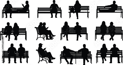 Collection of People Sitting on Park Benches Silhouette Vector Set for Urban Public Space Design and Layouts