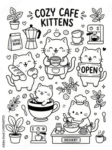 Drawing of cats with coffee in various poses.