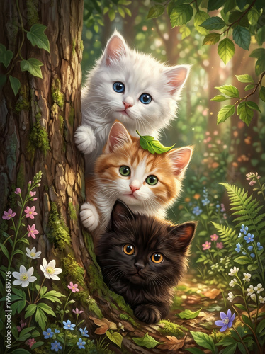 Drawing of a cat peeking its head out from behind a tree