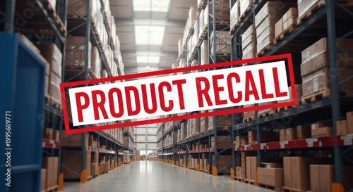 Blurry Warehouse Interior with Rows of Cardboard Boxes on High Shelves Overlaid with Bold Red Product Recall Warning Symbolizing Logistics Disruption