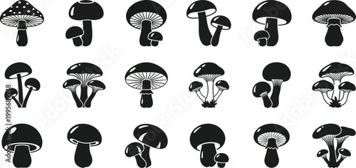 Collection of black silhouette mushroom with varied shapes and gills white background