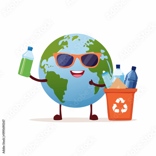 Happy Earth Character with Sunglasses Holding Plastic Bottle and Recycling Bin