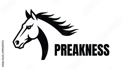 Preakness Stakes Horse Racing Logo with Stallion Head Silhouette, Minimalist Black and White Equine Graphic for Thoroughbred Racing Events and Equestrian Sports