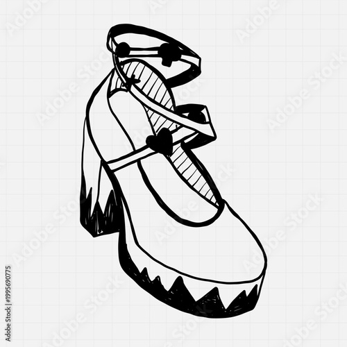 Hand-drawn vector sketch of a trendy Mary Jane platform shoe with heart details and chunky heels. Minimalist black and white fashion illustration, isolated on background