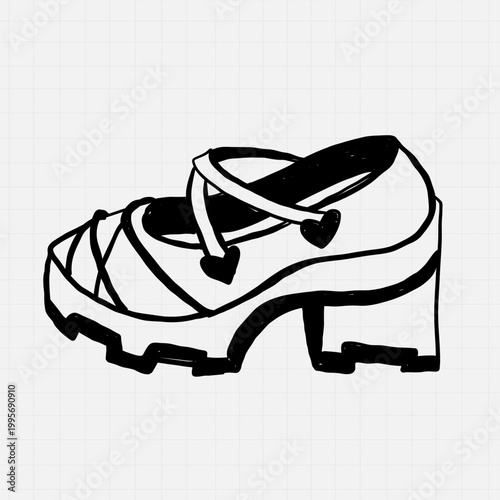 Hand-drawn black and white vector sketch of cute platform shoes with bows. Minimalist feminine footwear illustration featuring chunky heels, ankle straps, and striped sole details, isolated on a light