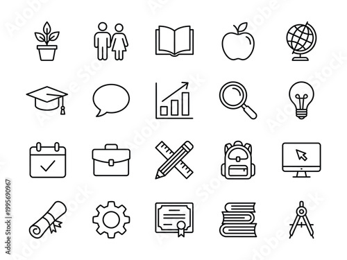 Collection of hand drawn icons related to education and learning with education learning knowledge graduation magnifying calendar briefcase scissors backpack computer certificate business