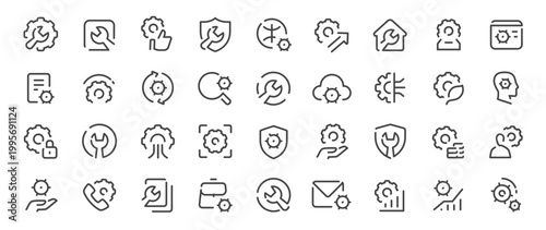Modern gear settings line icons collection for ui ux, automation, security and system management