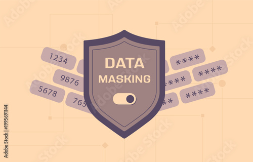Data masking with sensitive information protection and secure processing in digital system. Data masking workflow with security control and privacy management process vector illustration