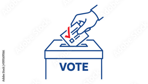 Hand putting ballot paper into vote box with red check mark, concept of election democracy and political participation isolated on white background illustration